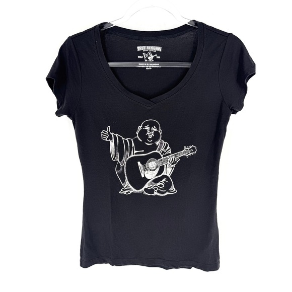 True Religion Tops - True Religion‎ Womens Black Buddha Guitar Graphic V-Neck T-Shirt XS World Tour
